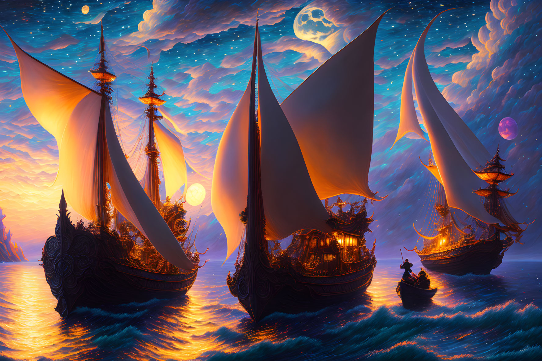 Ornate ships with billowing sails on orange ocean at twilight