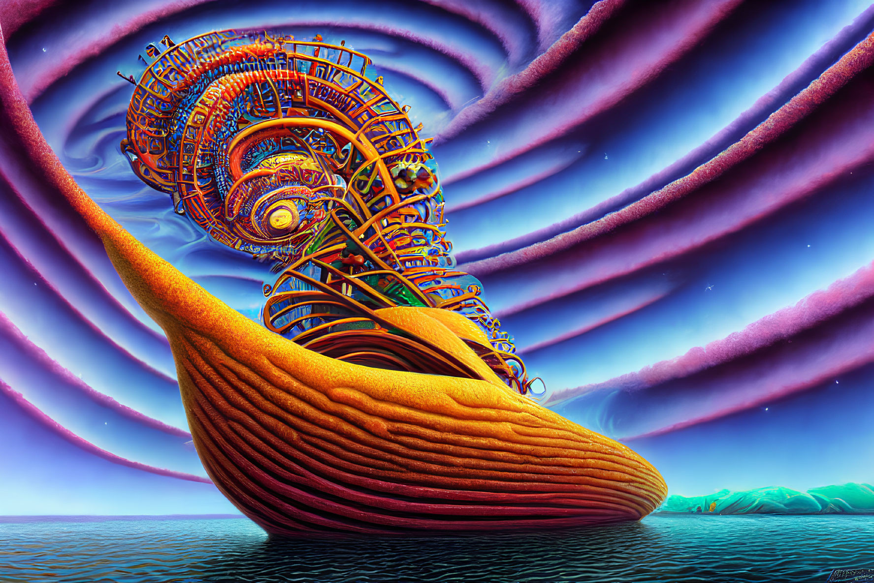 Colorful surreal artwork: boat-like orange structure with maze-like elements on swirling skies and calm waters