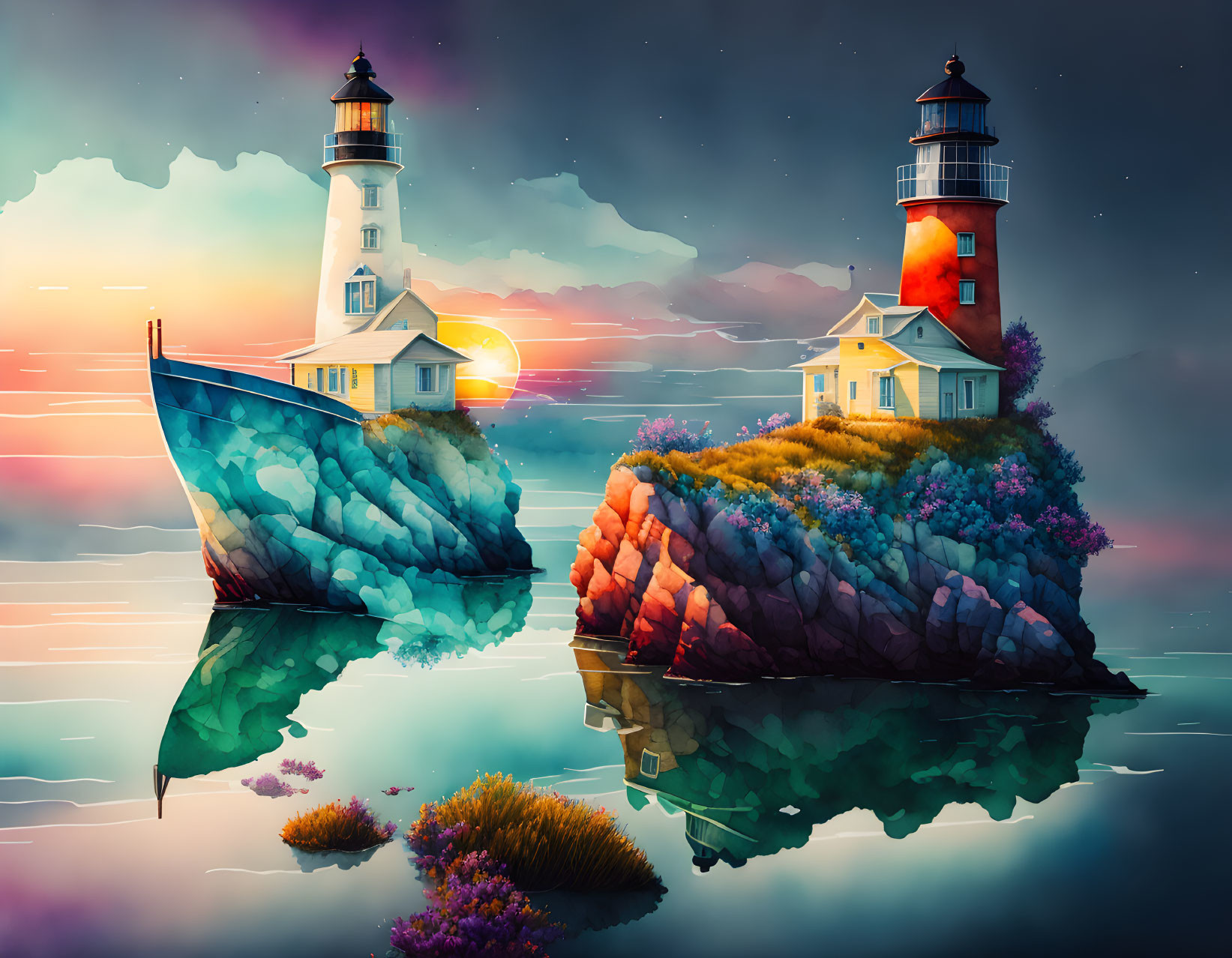 Vibrant lighthouses on floating islands with colorful flora and surreal sunset backdrop