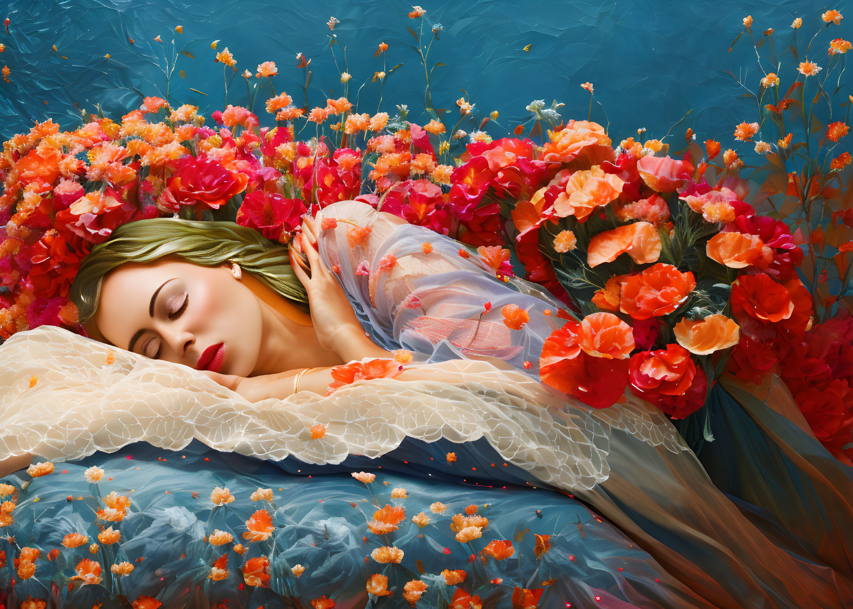 Woman Sleeping Surrounded by Orange Flowers on Blue Background