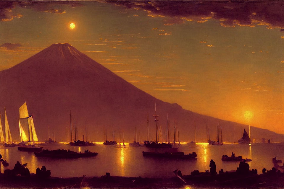 Harbor painting with boats, volcano, and moonlit sky