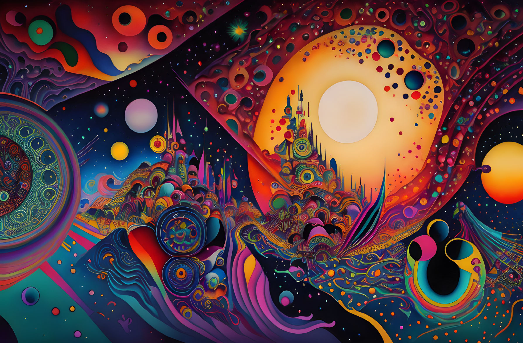 Colorful Psychedelic Cosmic Landscape Artwork with Whimsical Structures