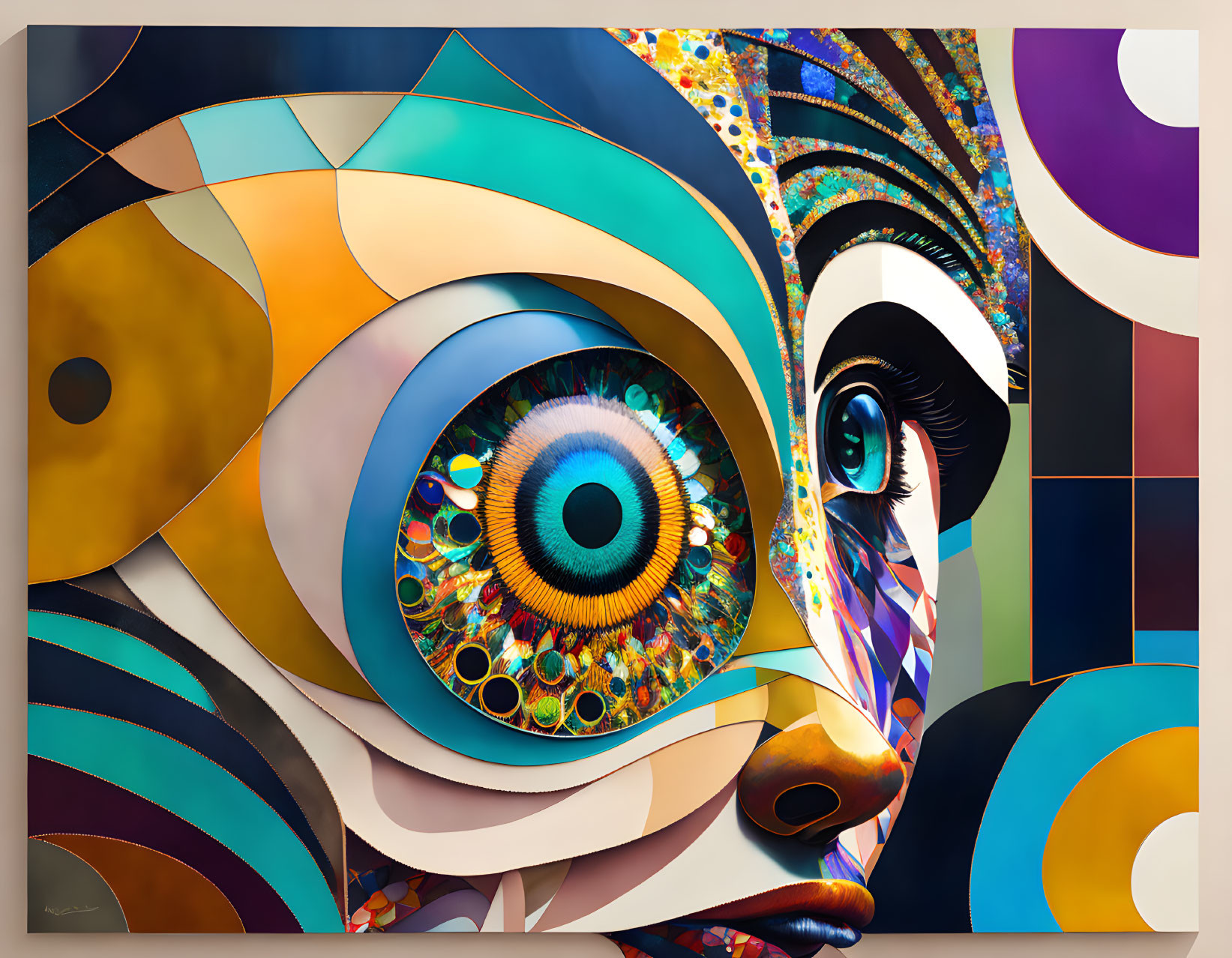 Colorful abstract art: stylized eyes, geometric shapes, intricate patterns