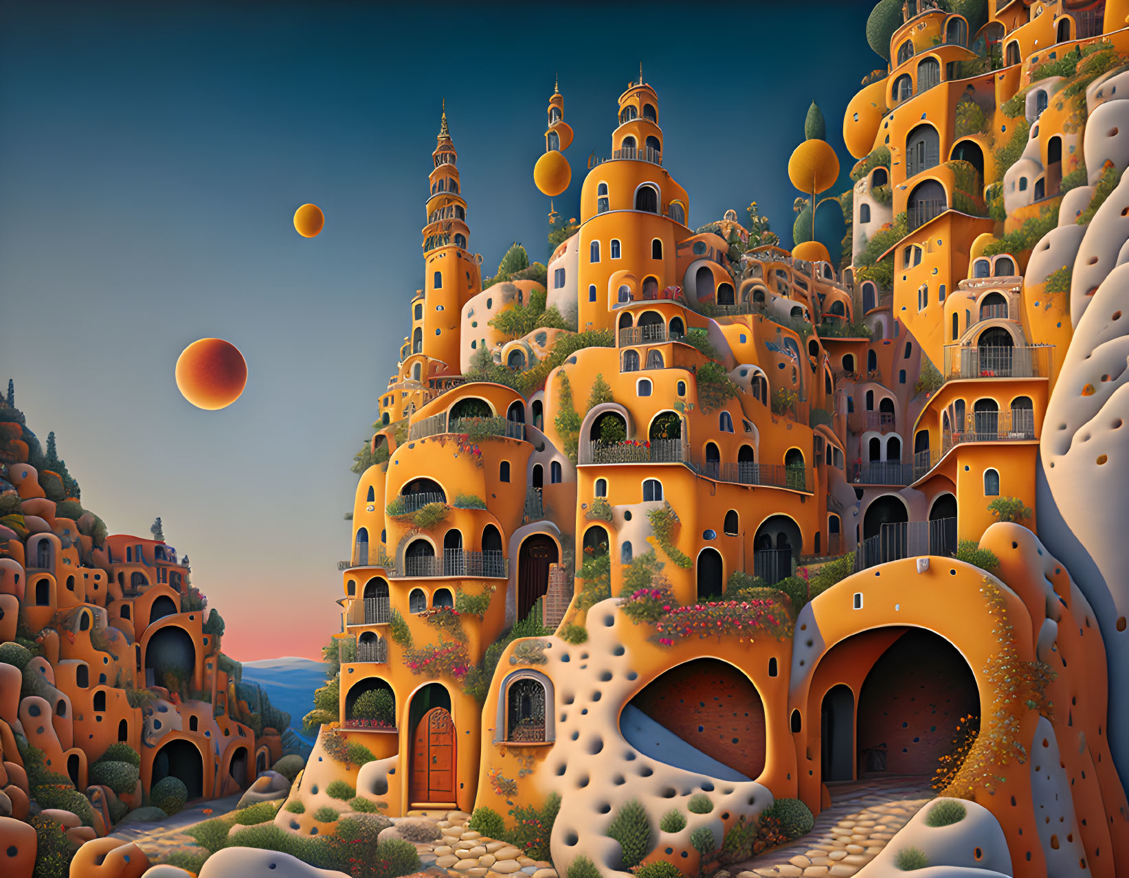 Whimsical orange-tiered buildings in surreal landscape