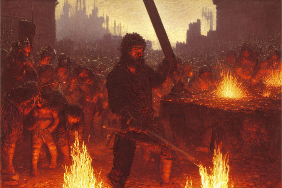 Viking warriors around fires in dark, fiery landscape