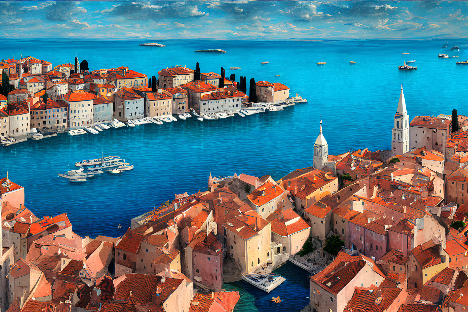 Coastal Town with Terracotta Roofs and Blue Sea