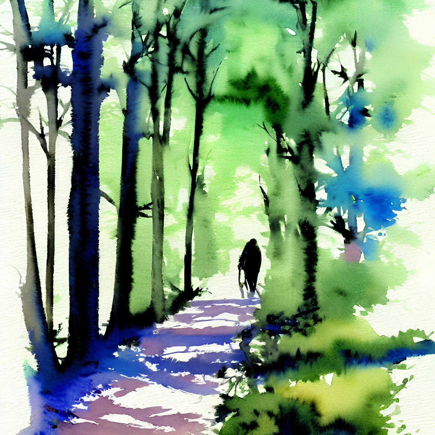 Vivid watercolor painting: Person walking in lush forest