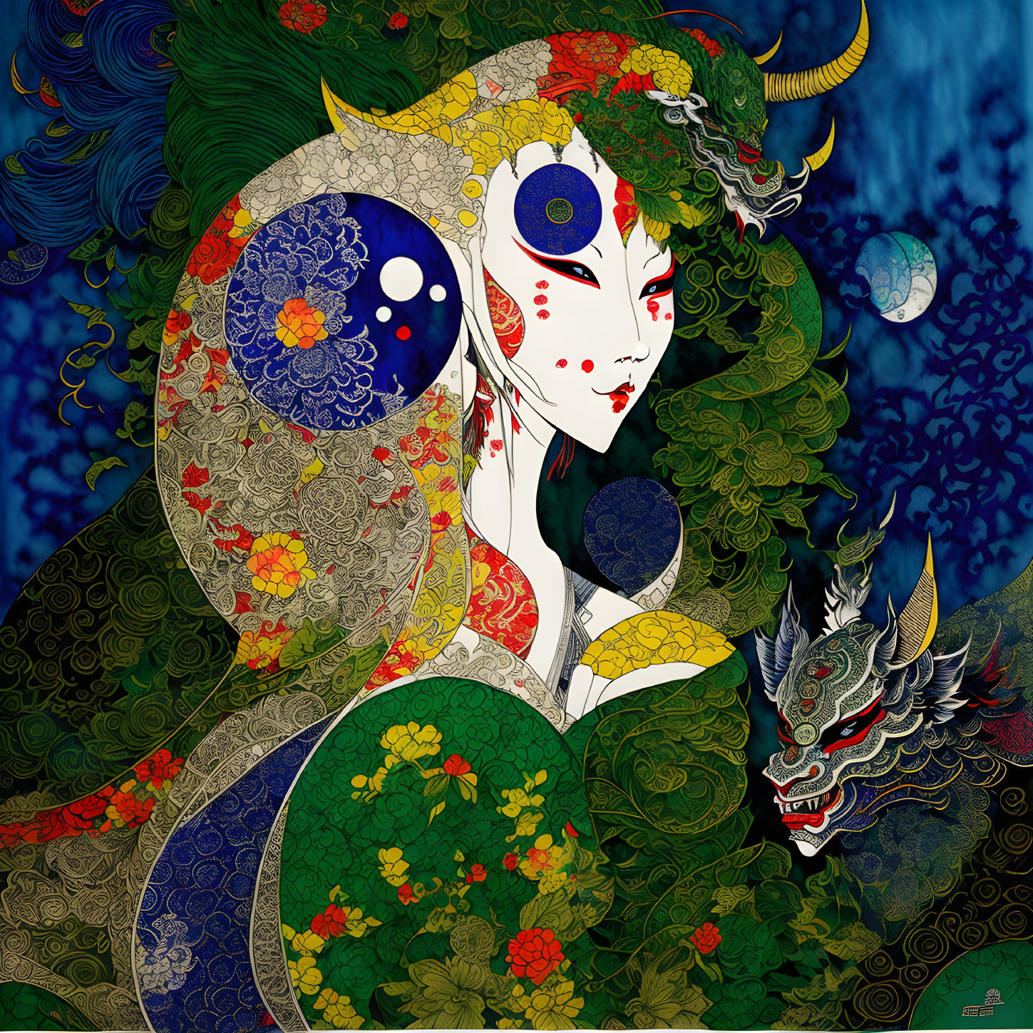 Intricate Artwork: Woman with White Fox Mask and Dragon in Vibrant Patterns