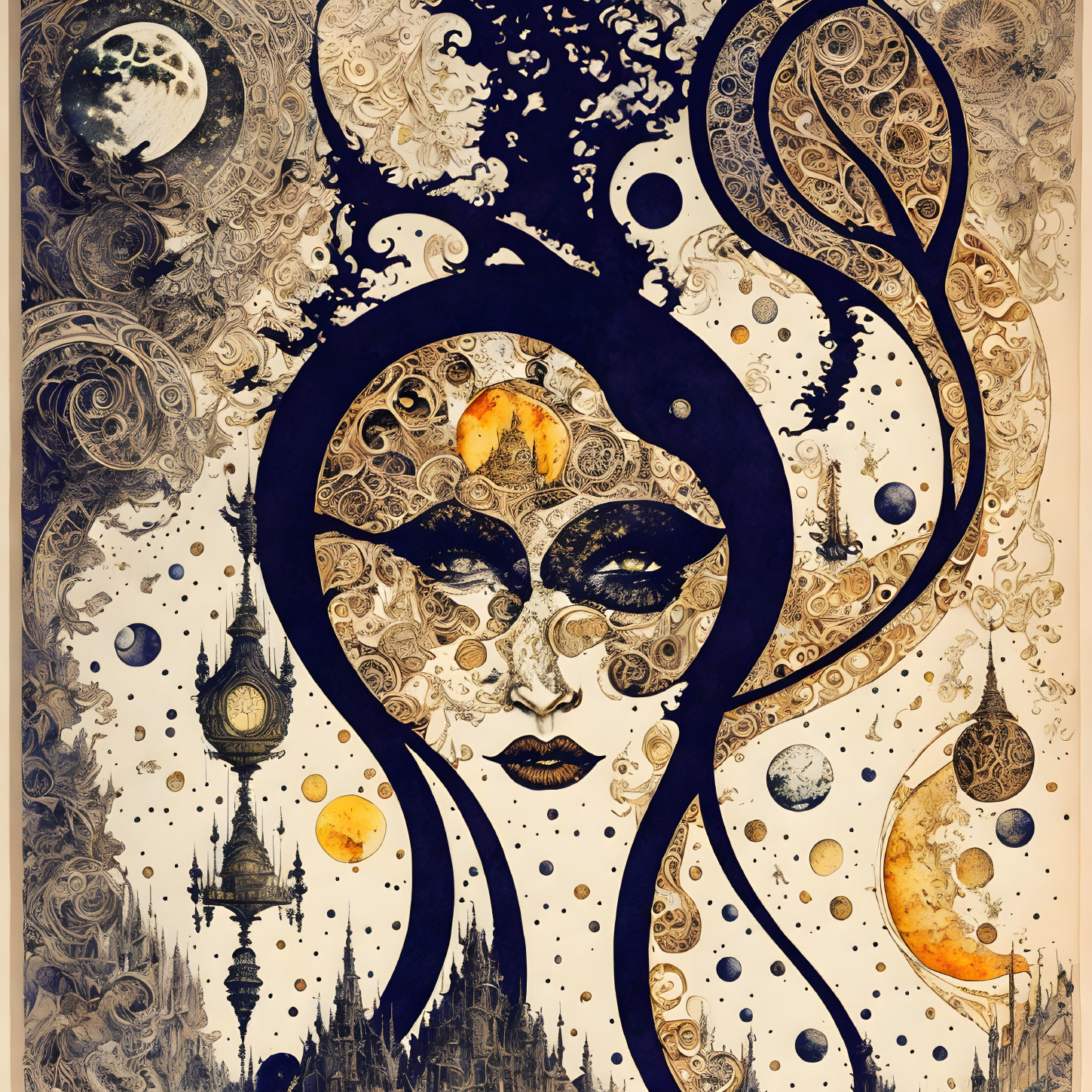 Celestial-themed artwork: Woman's silhouette adorned with moons, stars, and ornate designs