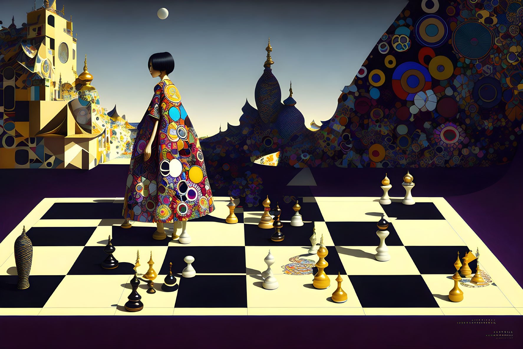 Person standing on surreal chessboard landscape with geometric patterns and fantastical architecture at twilight