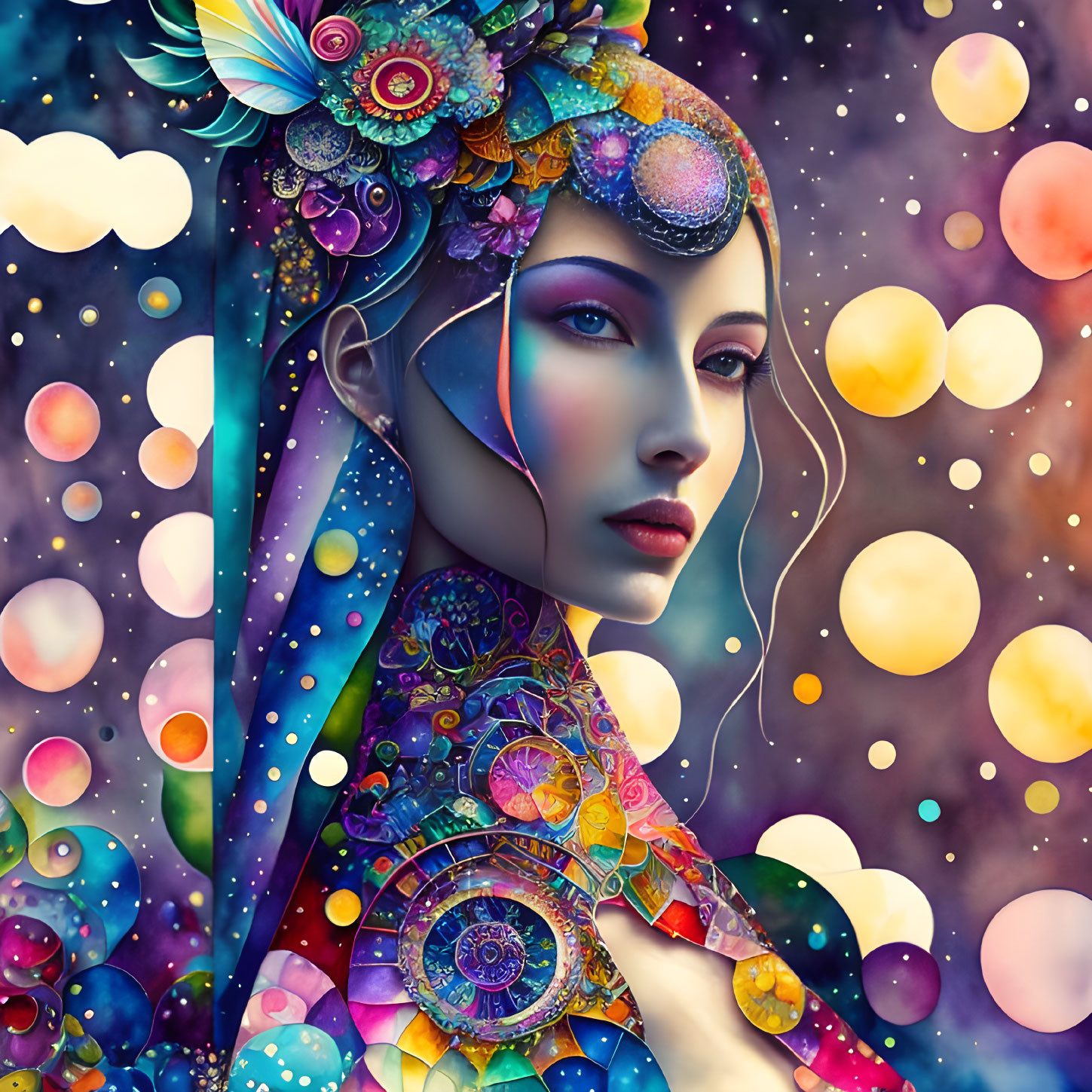 Colorful digital artwork: Woman with cosmic and floral elements on dotted backdrop