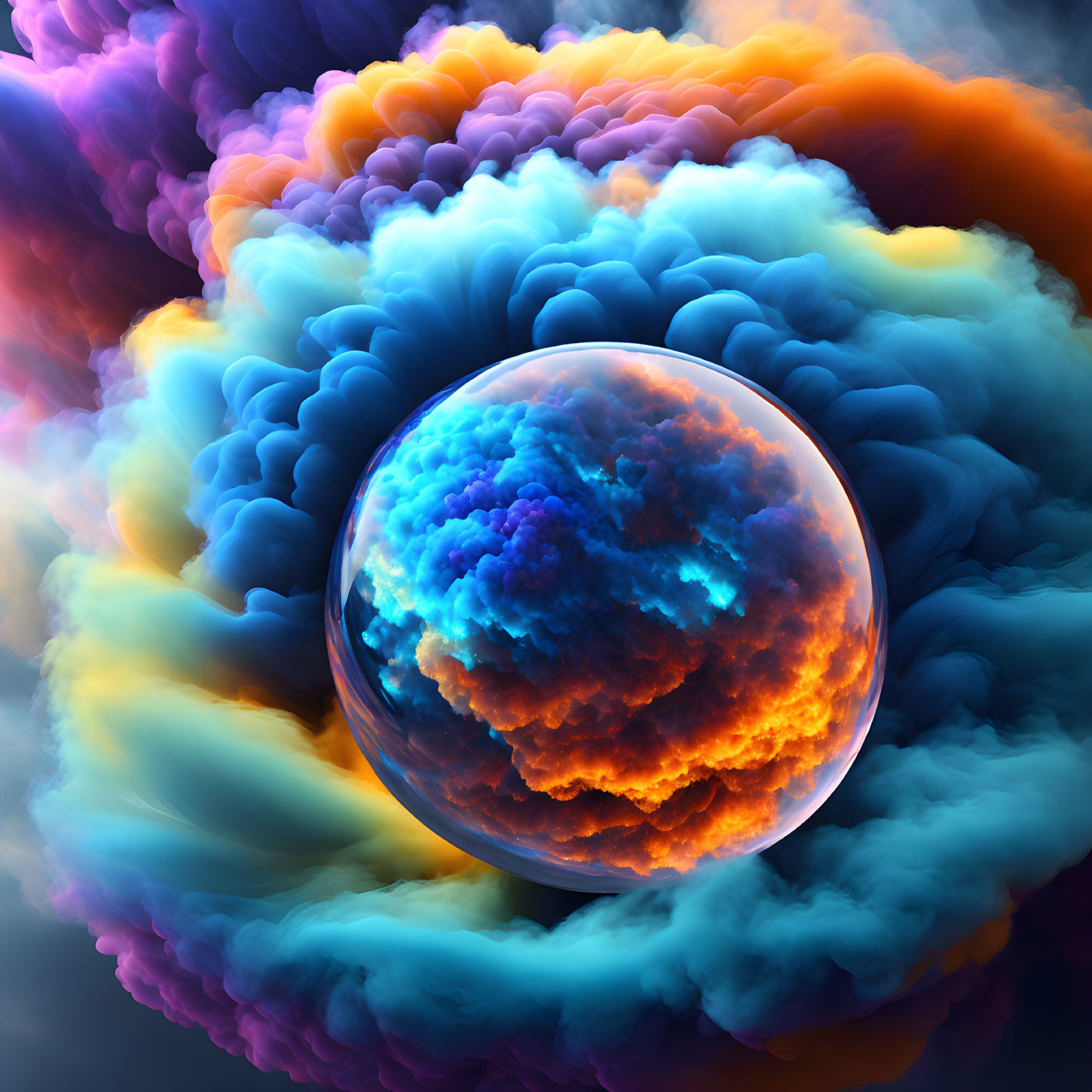 Colorful Orb Surrounded by Swirling Cosmic Clouds in Digital Art