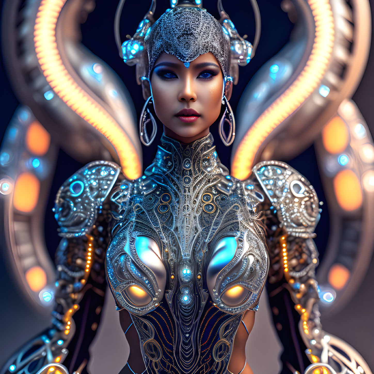 Futuristic female figure in metallic exoskeleton and ornate headgear on dark backdrop