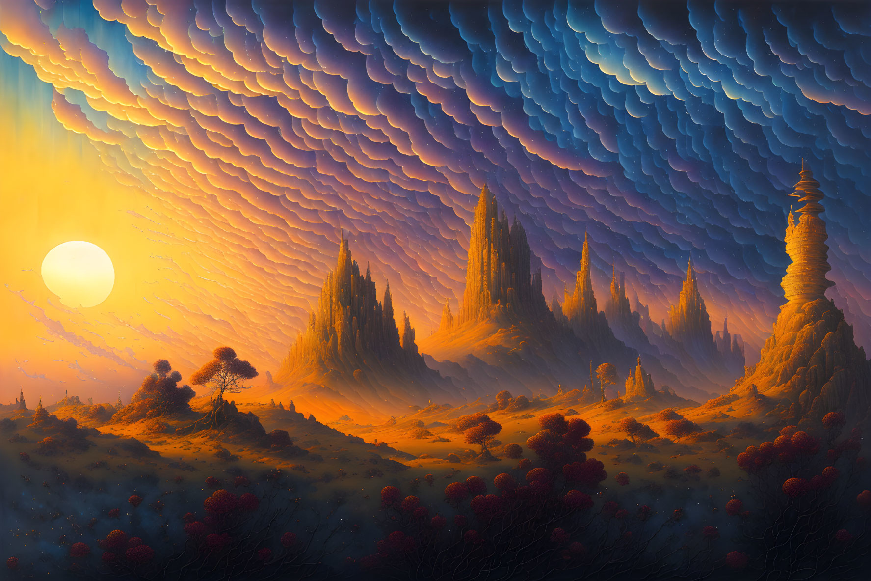 Surreal landscape with blue clouds, orange terrains, spire-like formations, tree, and