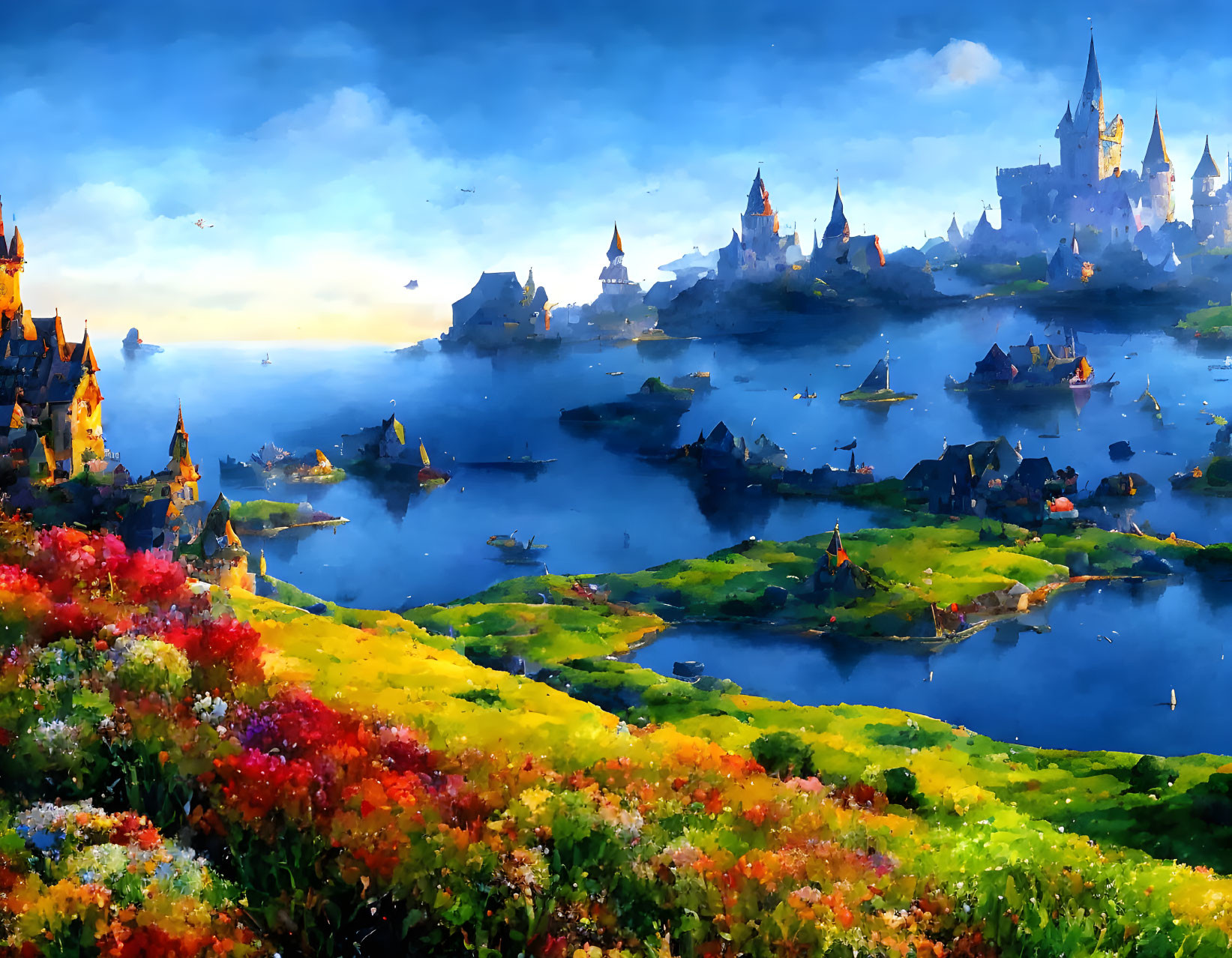 Colorful fantasy landscape with castles, green fields, flowers, and serene water