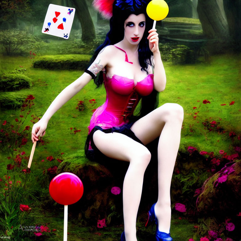 Whimsical forest scene with stylized woman holding lollipops