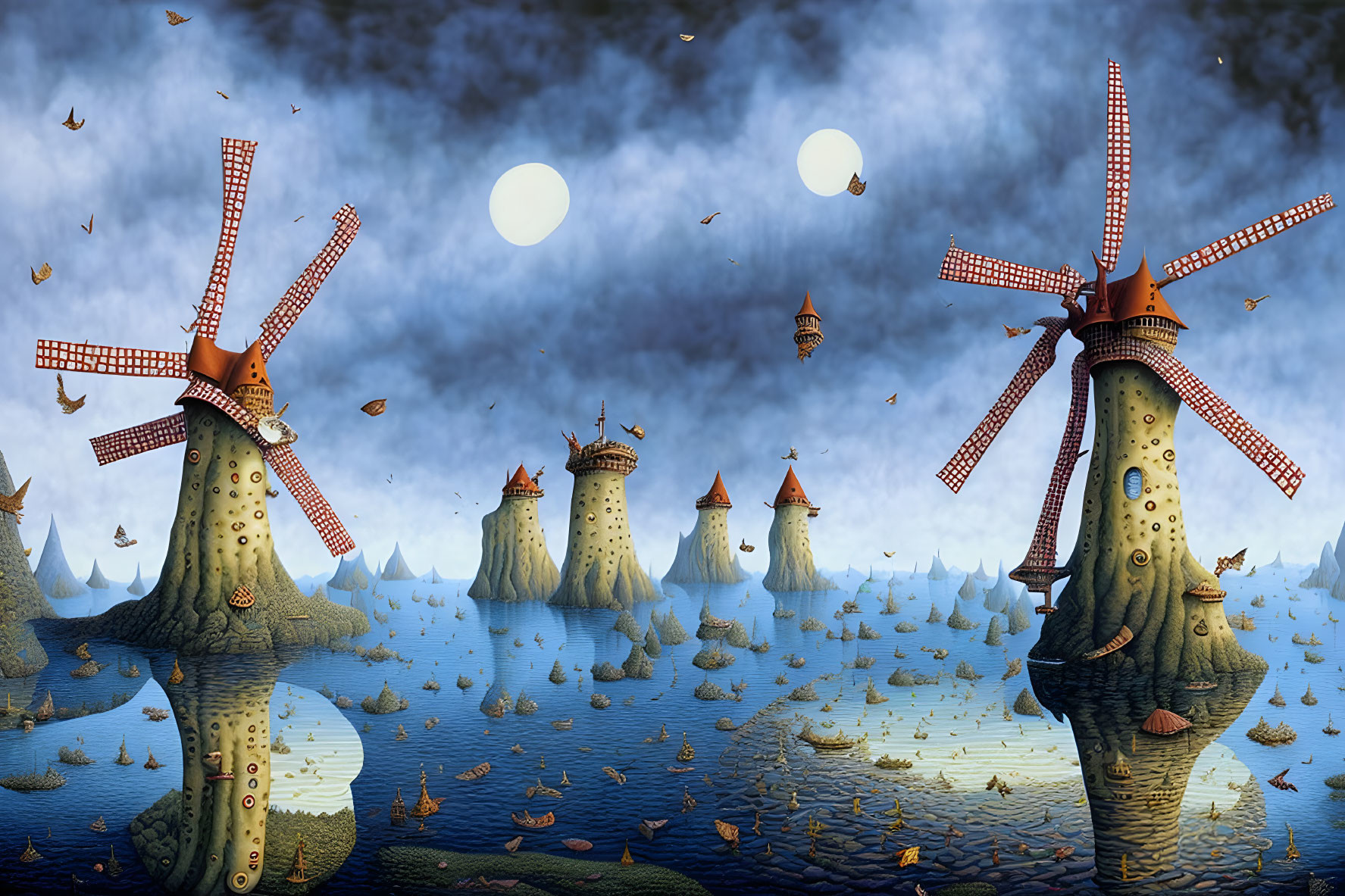 Surreal landscape featuring windmills, stone spires, floating rocks, airships, and