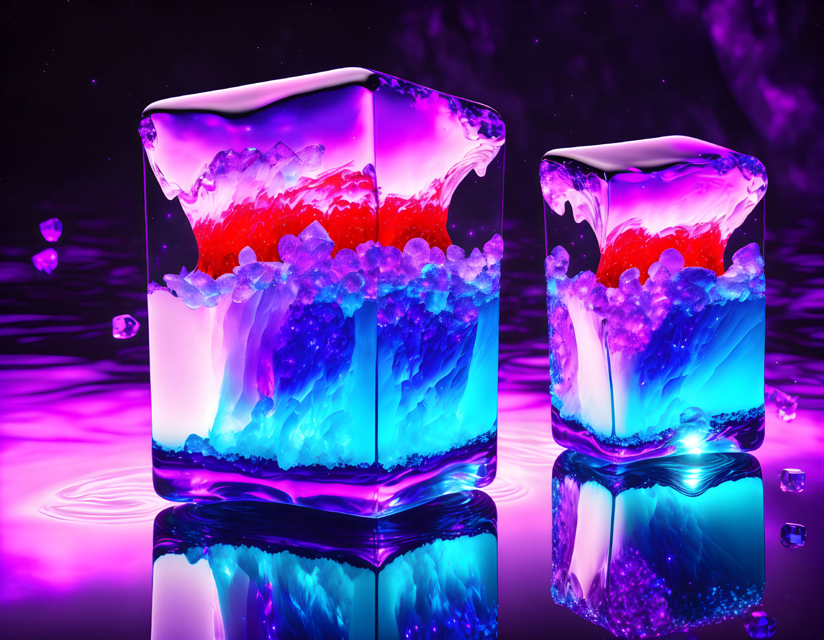 Vibrant neon ice-like cubes on reflective surface with dark magenta backdrop