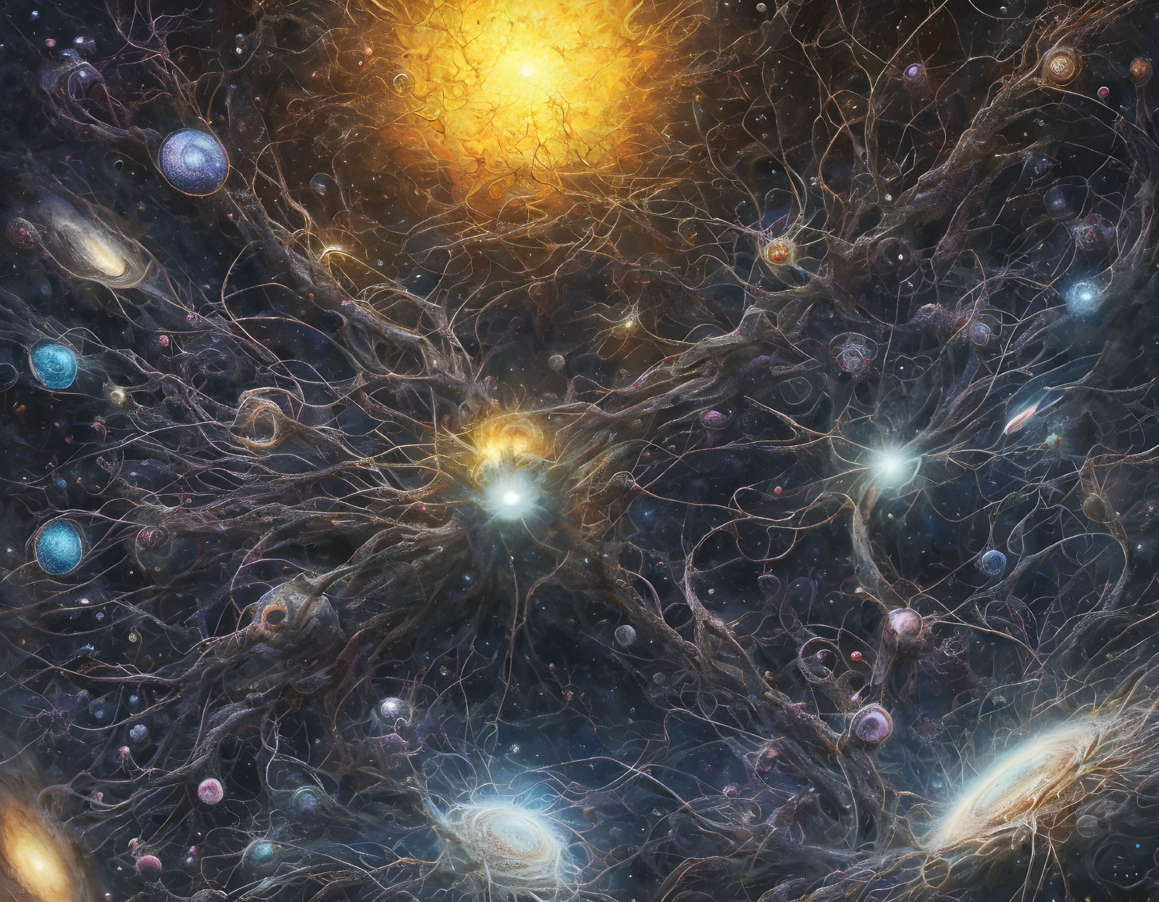 Cosmic illustration of intertwining dark branches against starry background