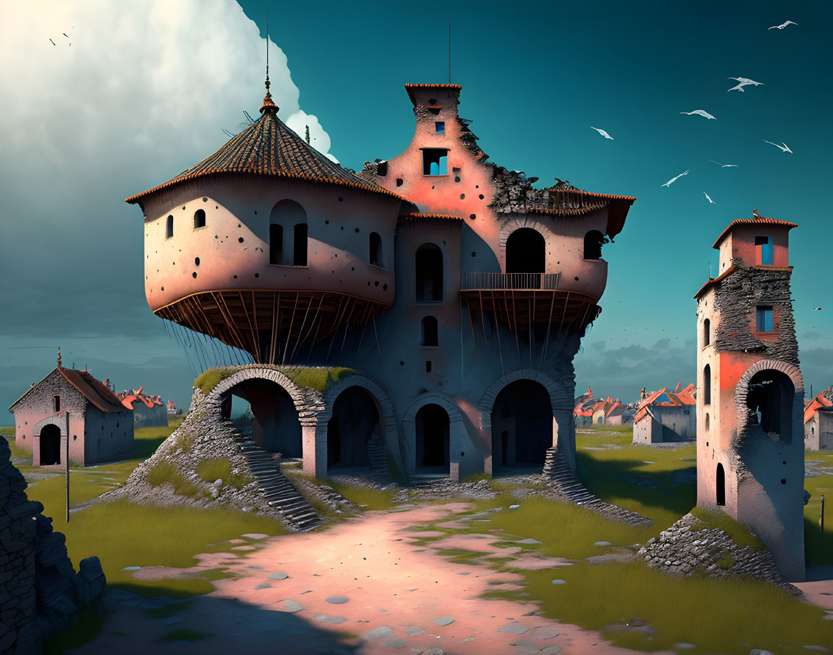 Whimsical castle with multiple towers and arched doorways