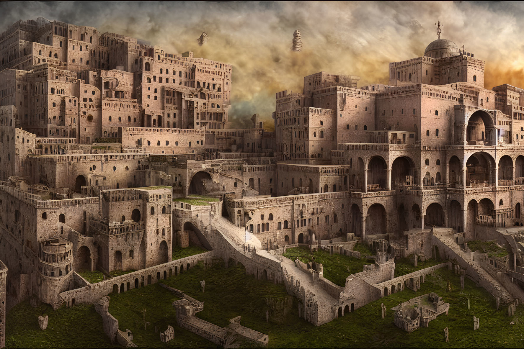 Detailed digital painting of fantastical ancient fortress city under dramatic sky