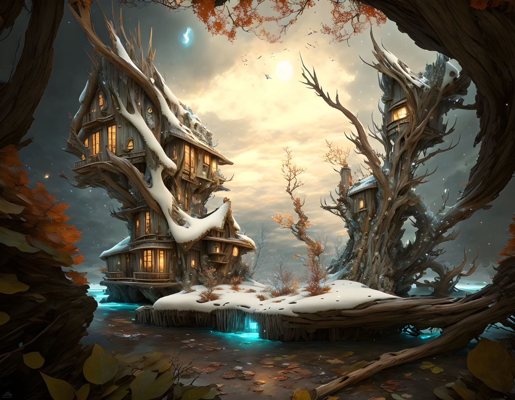 Enchanting winter landscape with multi-story house, giant trees, two moons, snow, and autumn