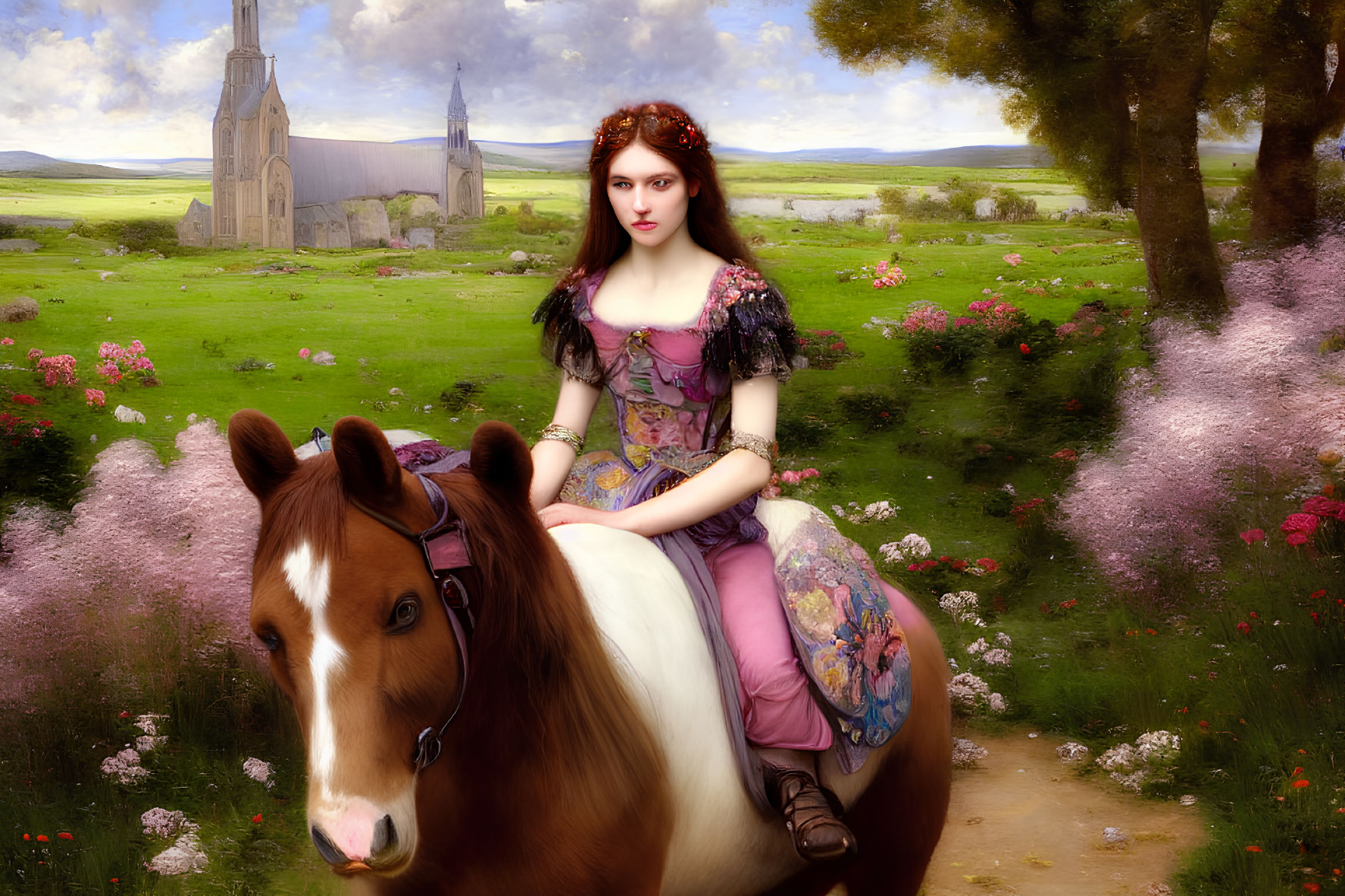 Red-haired woman in medieval dress rides horse in blooming meadow with church