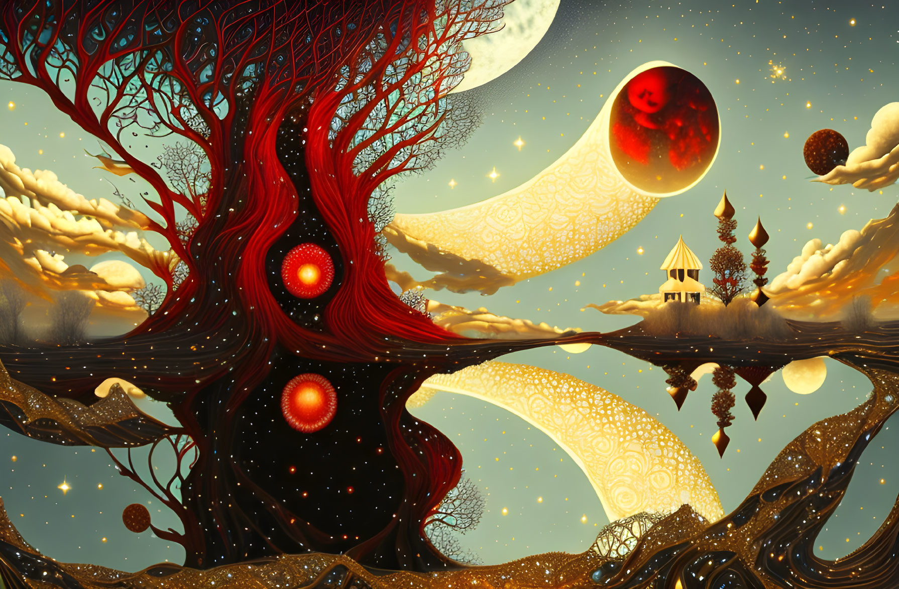 Vibrant tree and celestial bodies in surreal landscape