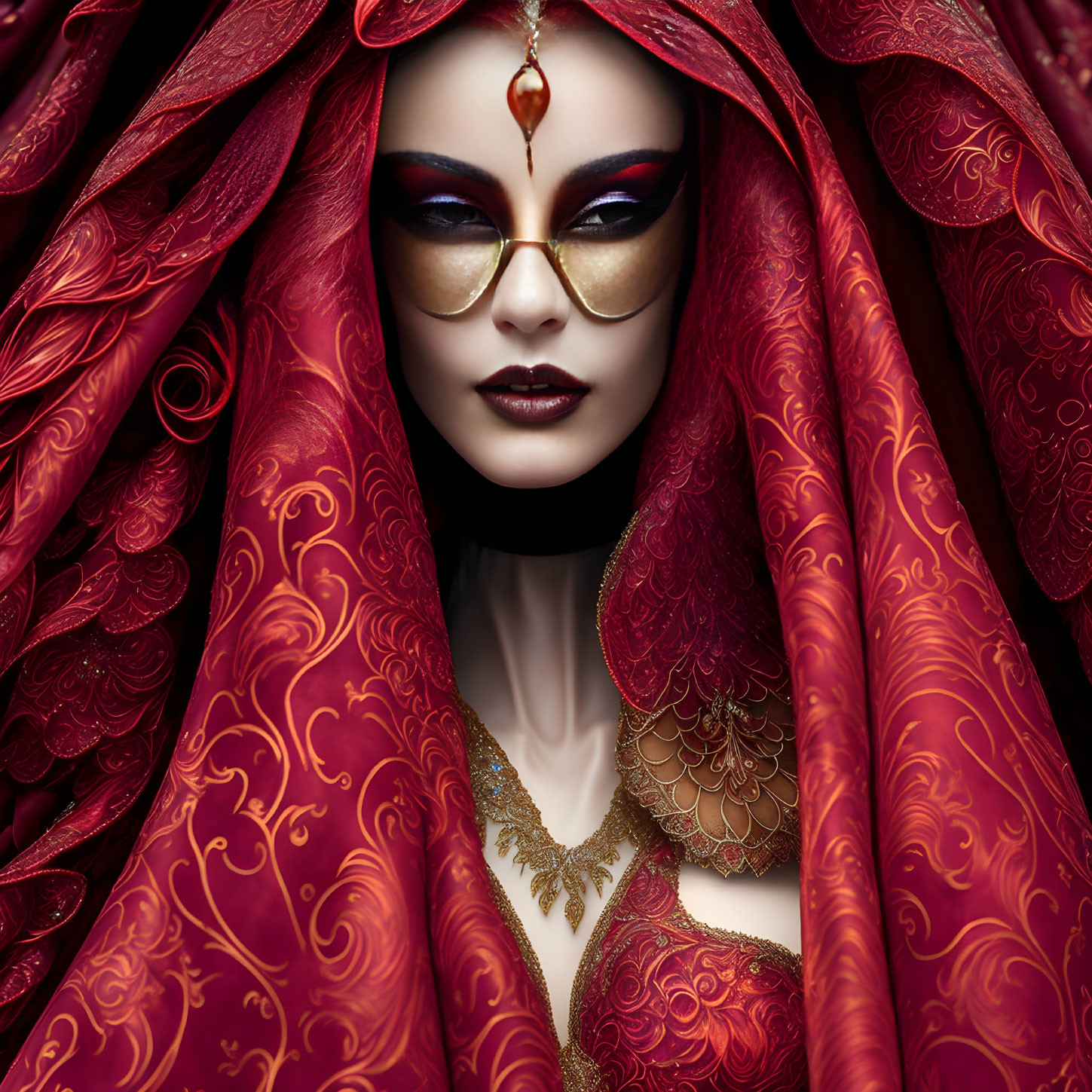 Woman with Striking Makeup and Jewel in Luxurious Red Cloak