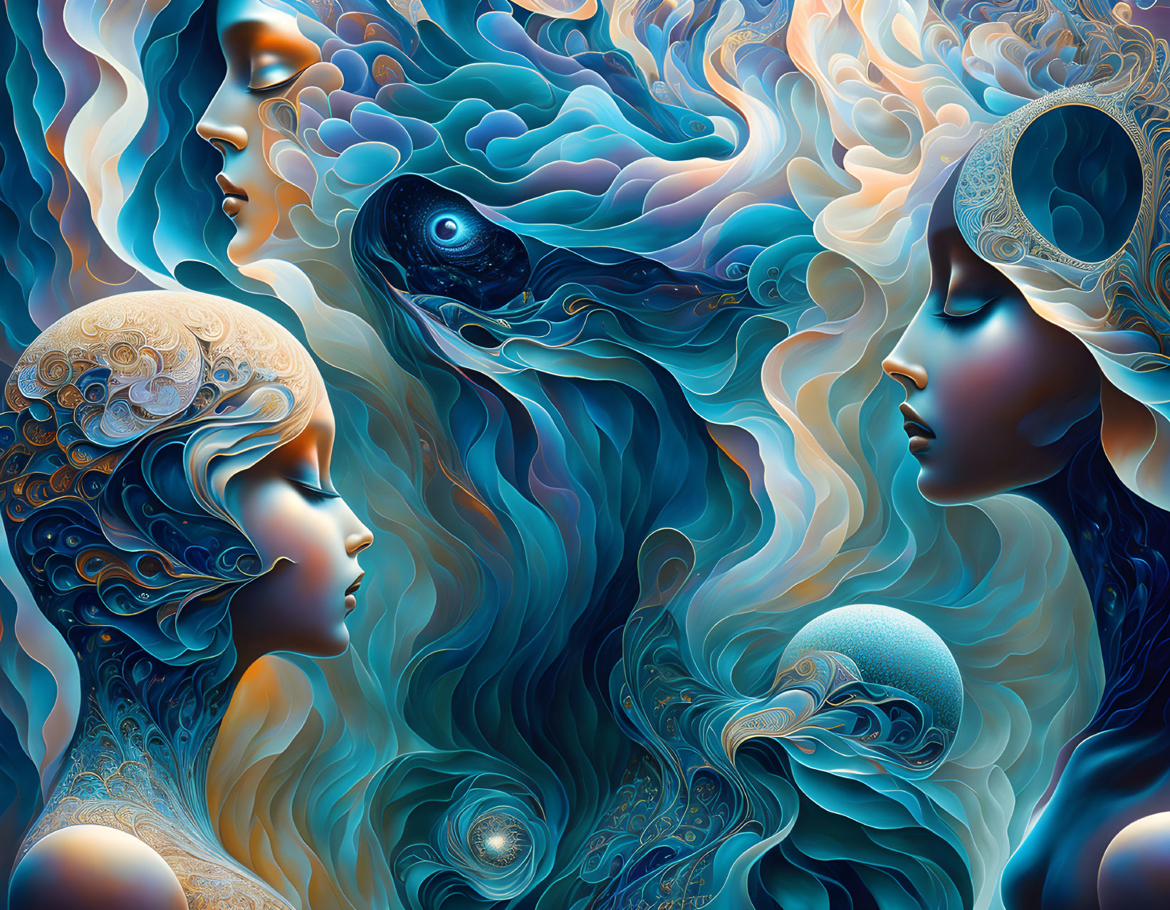 Colorful digital artwork: Stylized female figures, seal, oceanic patterns in blues and gold