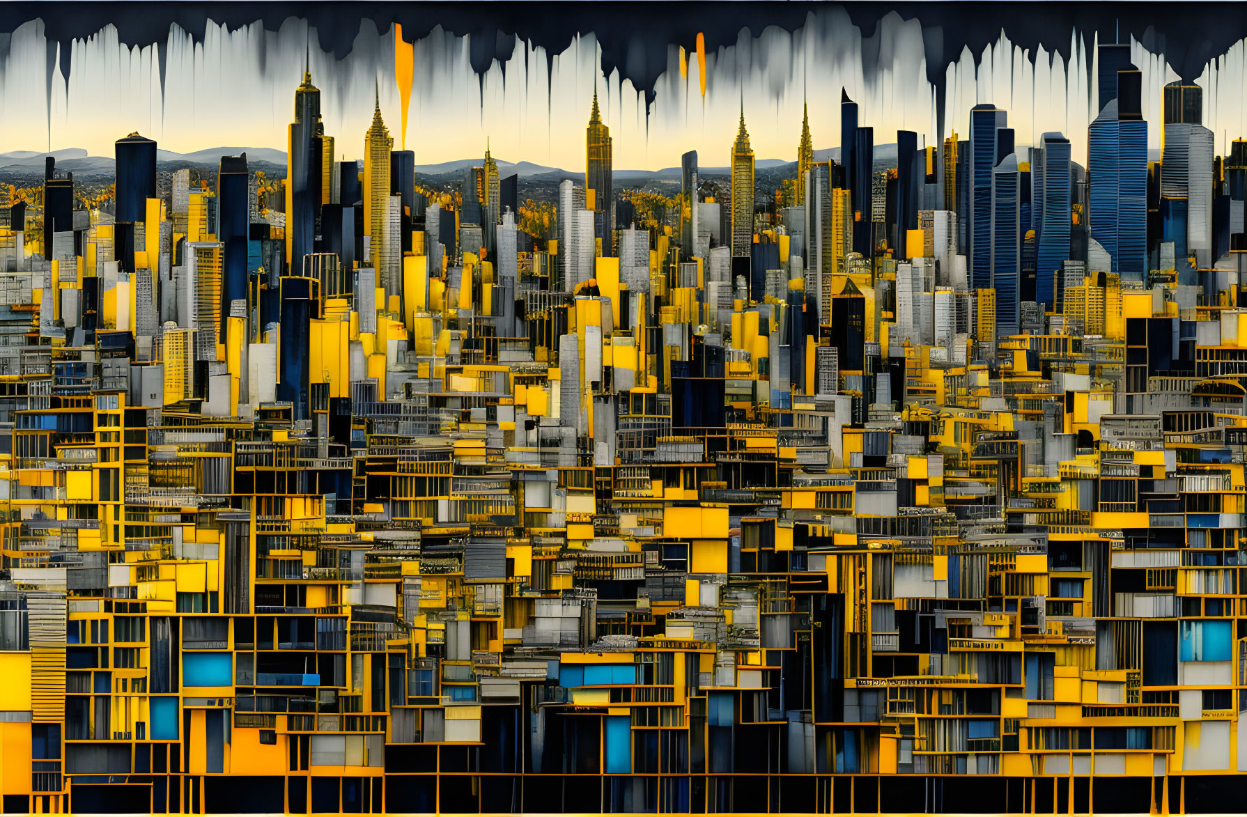 Impressionistic gold and blue cityscape with smudged clouds