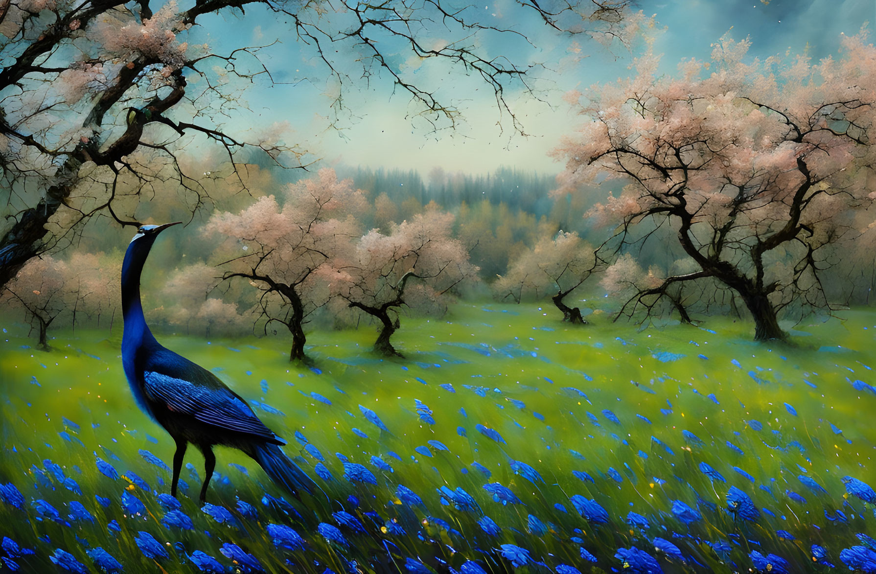 Majestic peacock in vibrant meadow with pink trees and blue flowers