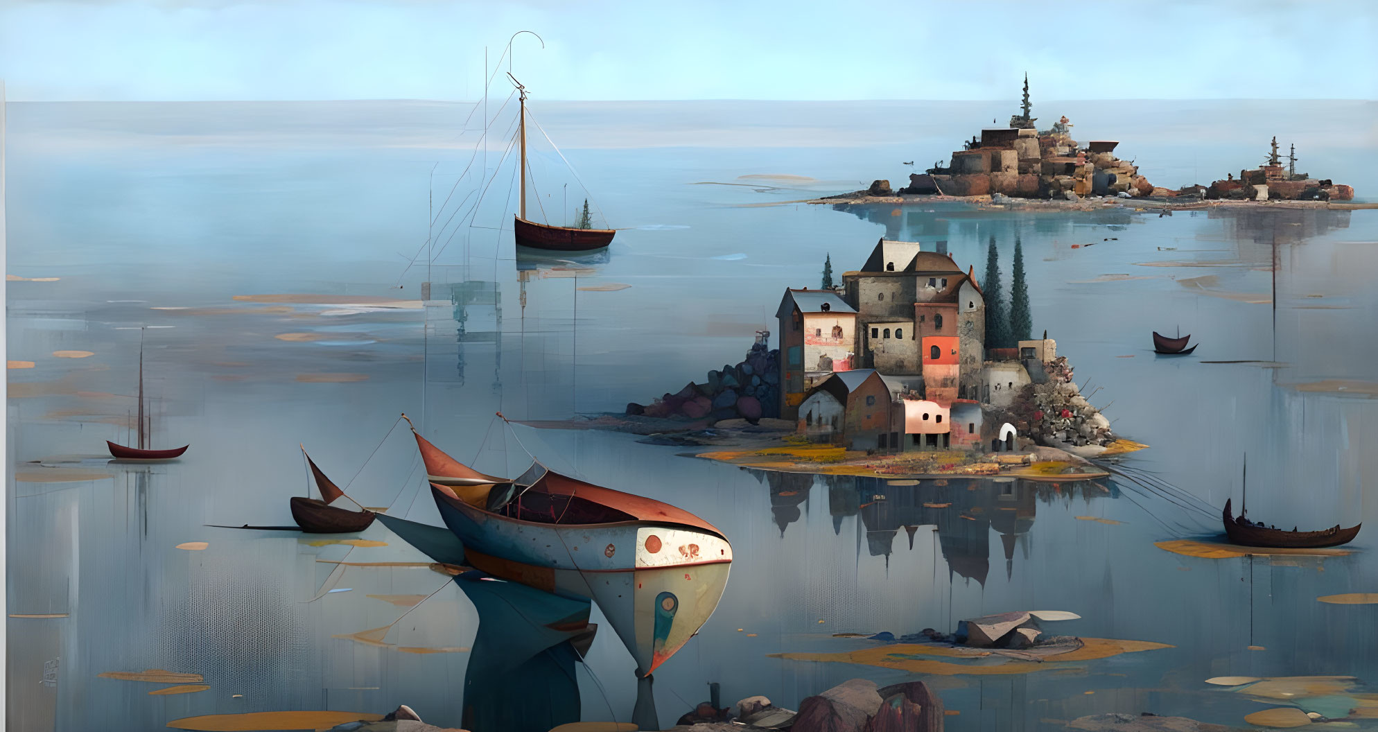 Tranquil landscape with fish-shaped boat, small boats, and island buildings