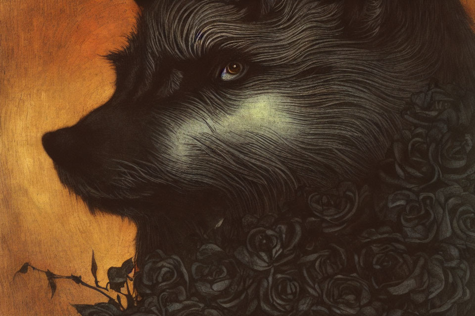 Detailed Wolf Illustration Surrounded by Dark Roses