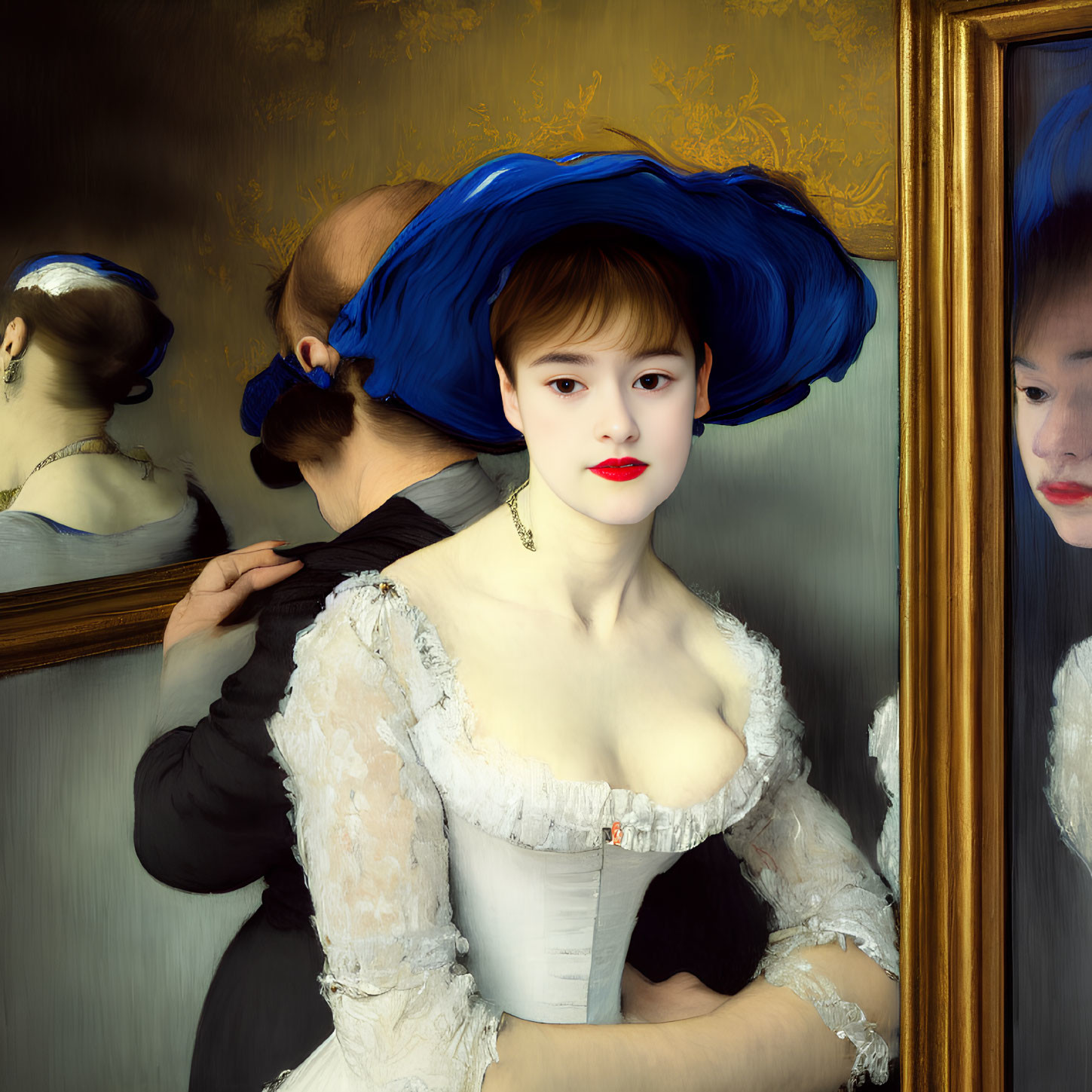 Woman in White Dress and Blue Hat Standing Before Mirror