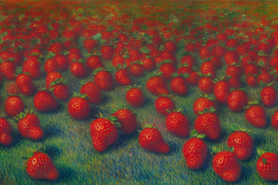 Detailed Painting of Oversized Strawberries in Red-Tinged Field