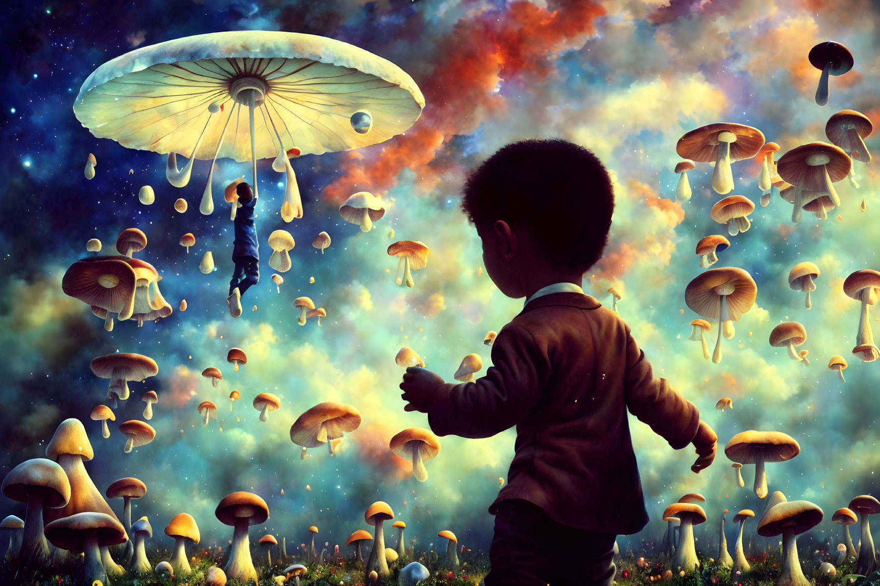 Child observing surreal scene with giant mushrooms and person descending from sky.