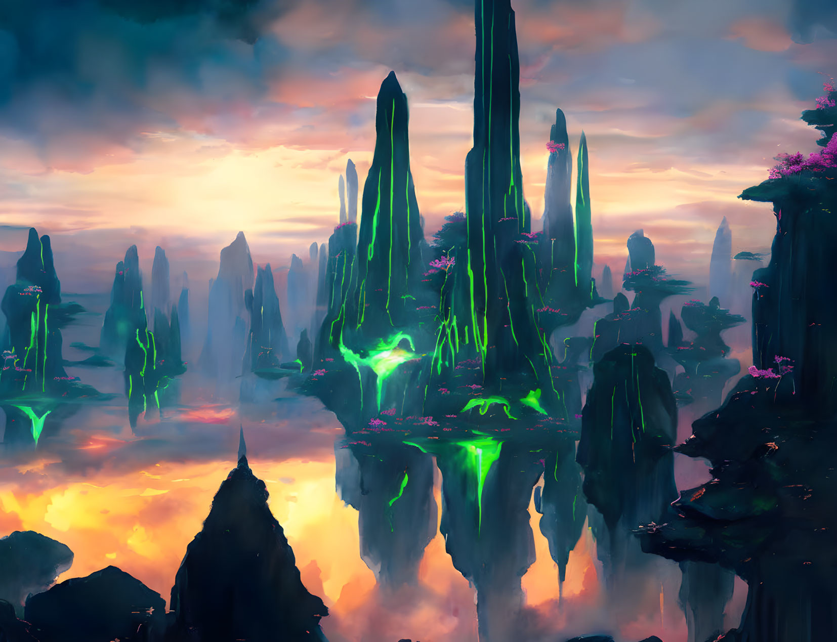 Fantastical landscape with glowing rock formations above lava.