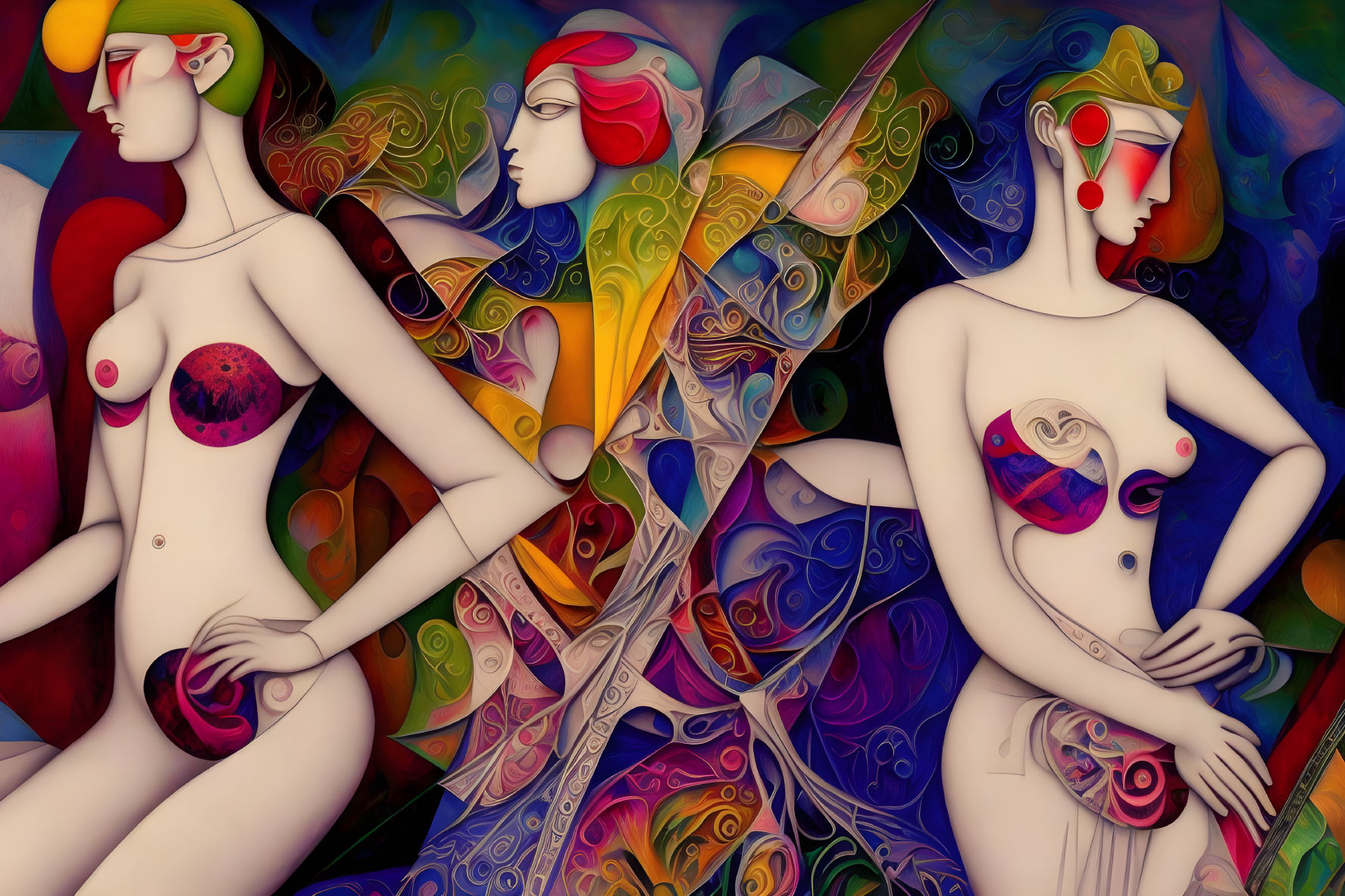 Abstract Art: Three Female Figures with Butterfly Wings and Swirling Designs