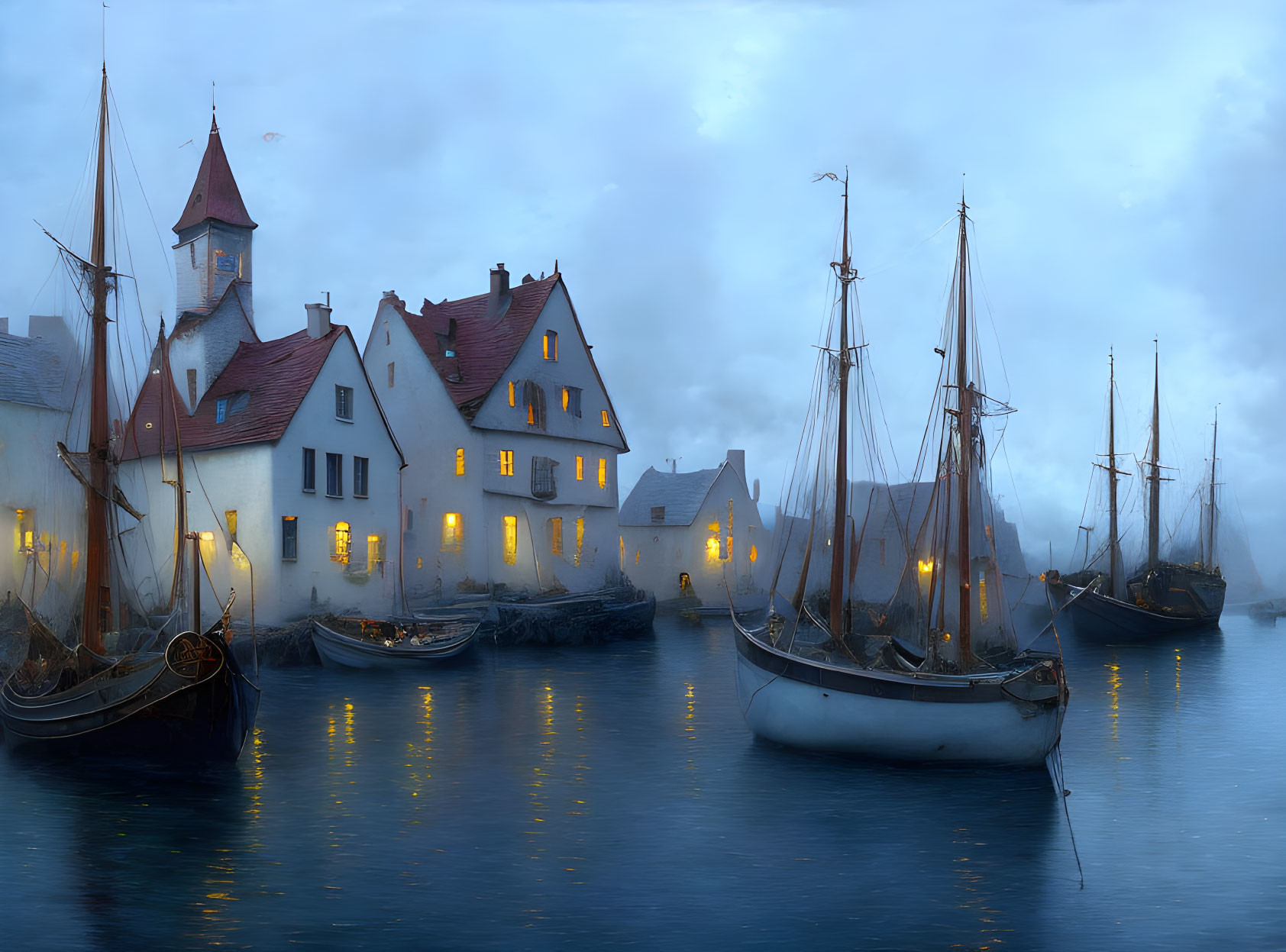 Medieval-style buildings and sailboats in misty harbor at dusk