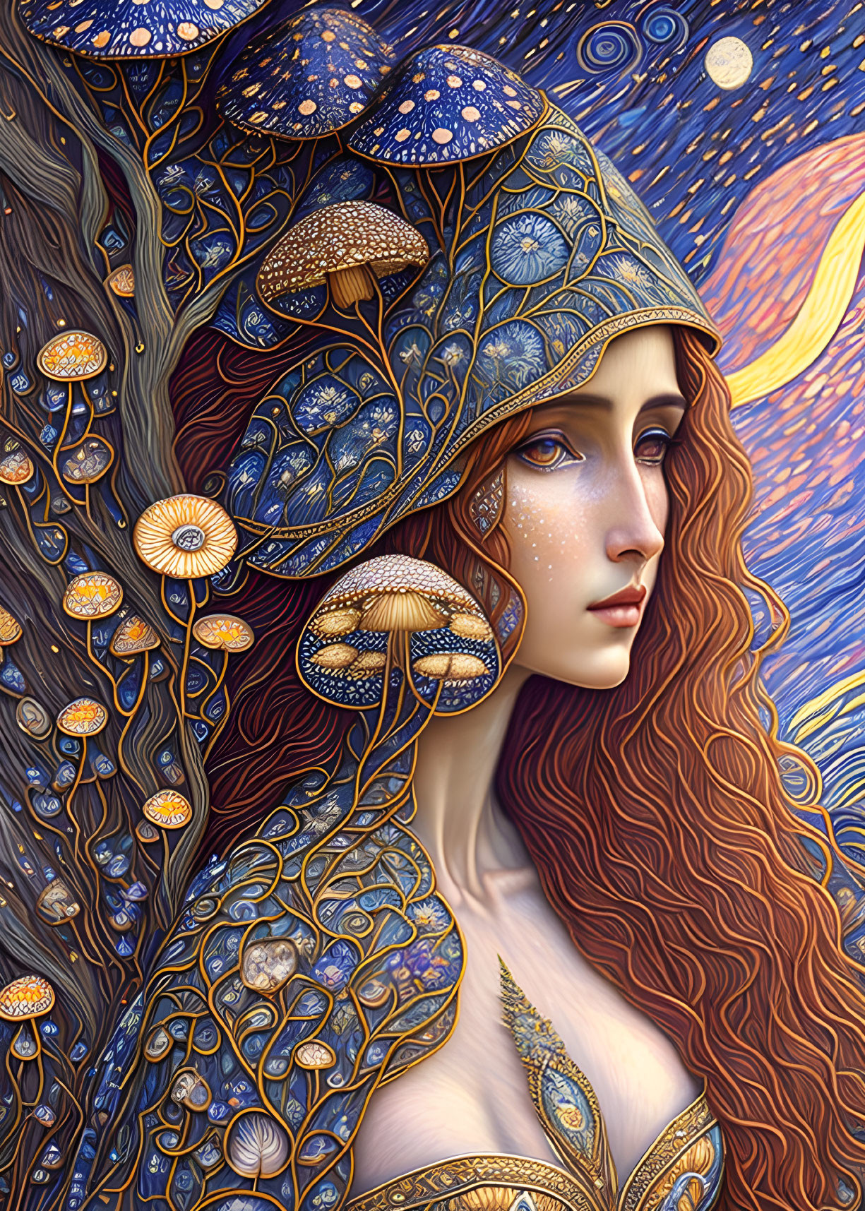 Illustration of woman in mushroom hood with celestial backdrop