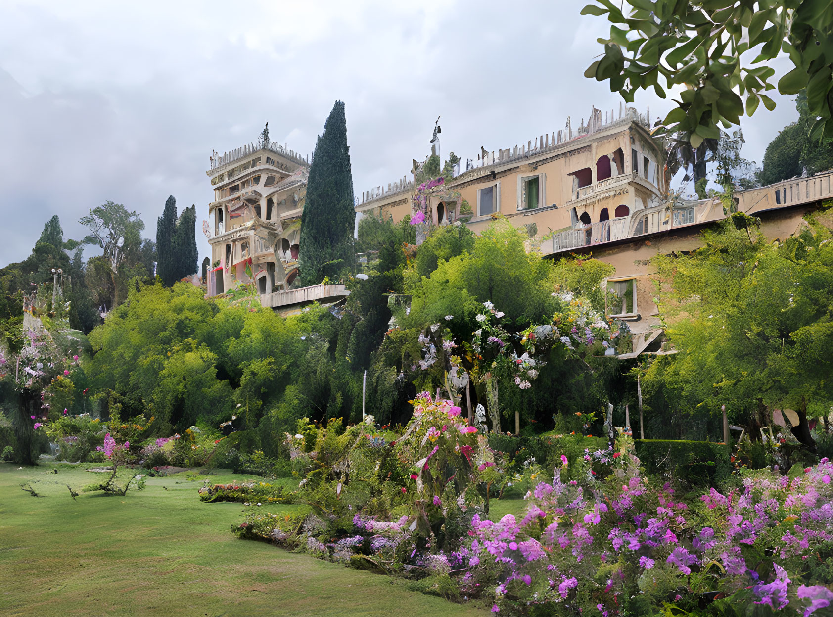 Historic building with turrets in lush gardens under cloudy sky