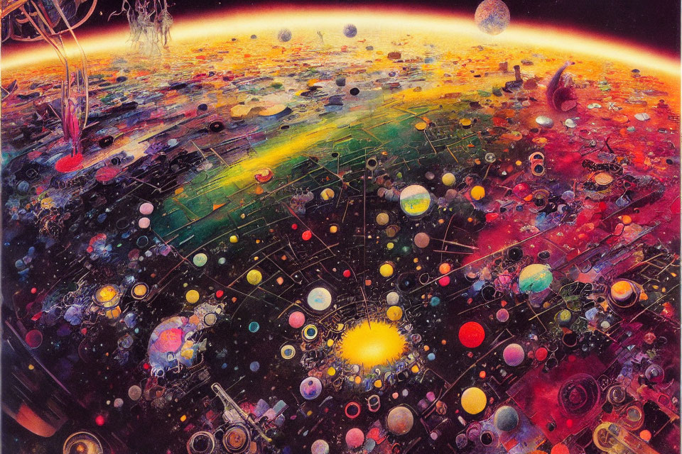 Colorful Cosmic Scene with Planets, Stars, and Abstract Structures