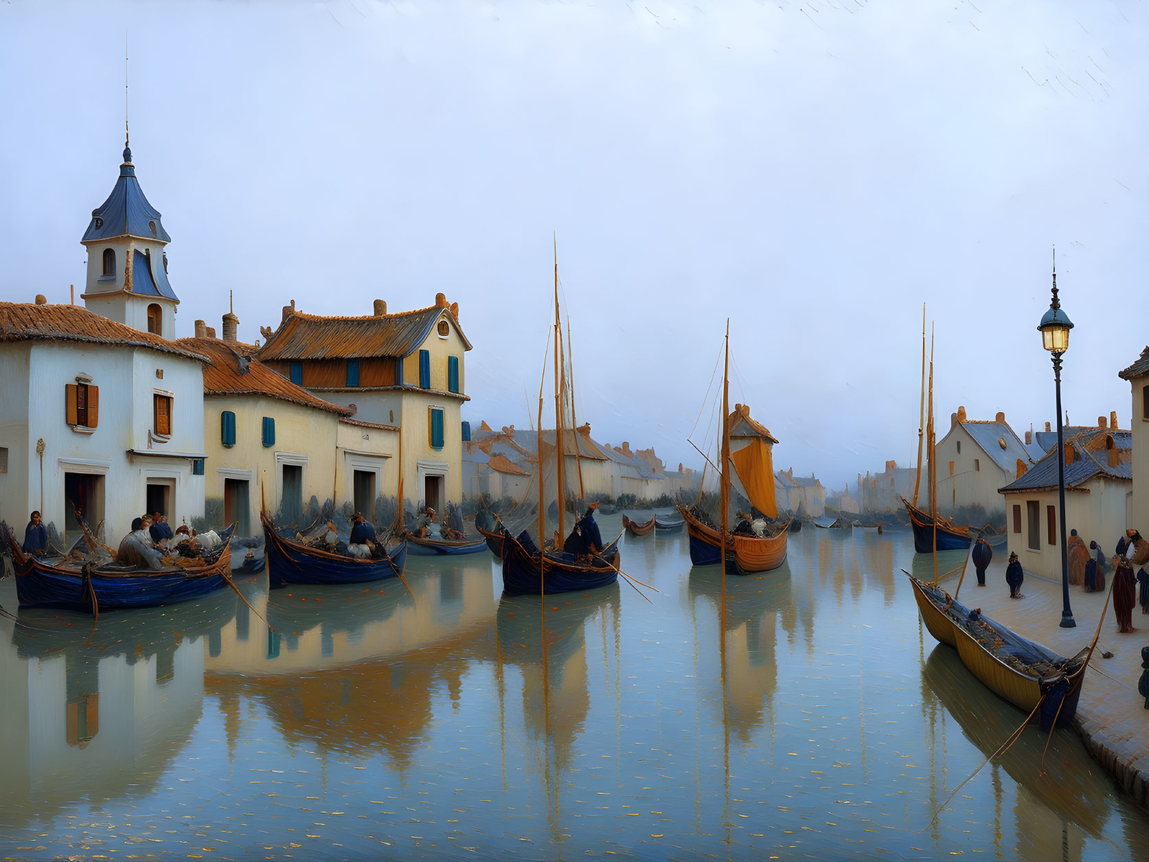 European Harbor Village with Impressionist Style Architecture and Boats