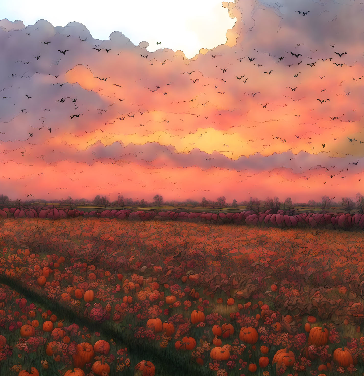 Sunset pumpkin field with pink and orange sky and flying birds