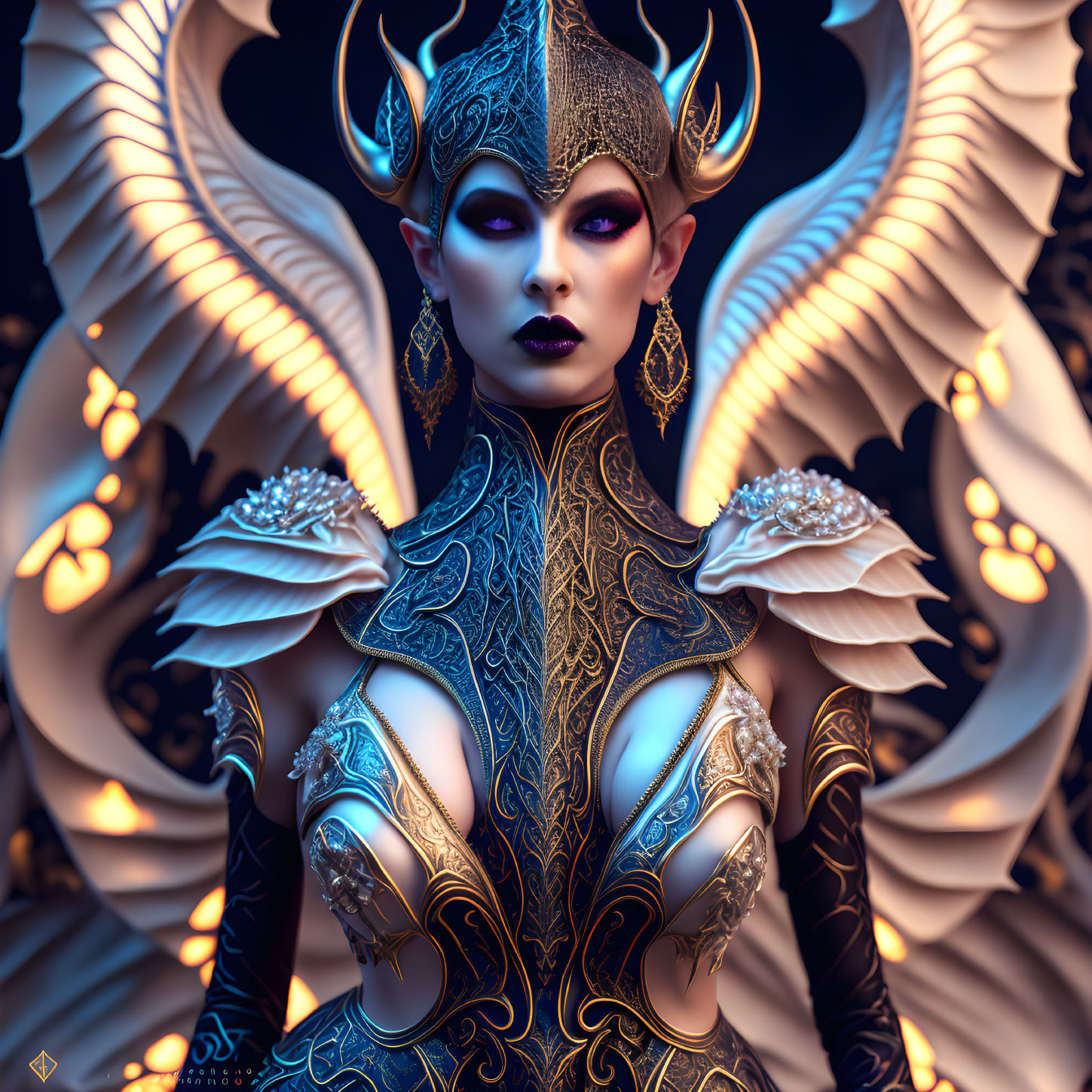 Fantasy female character with horns, golden armor, purple eyes, and white wings.