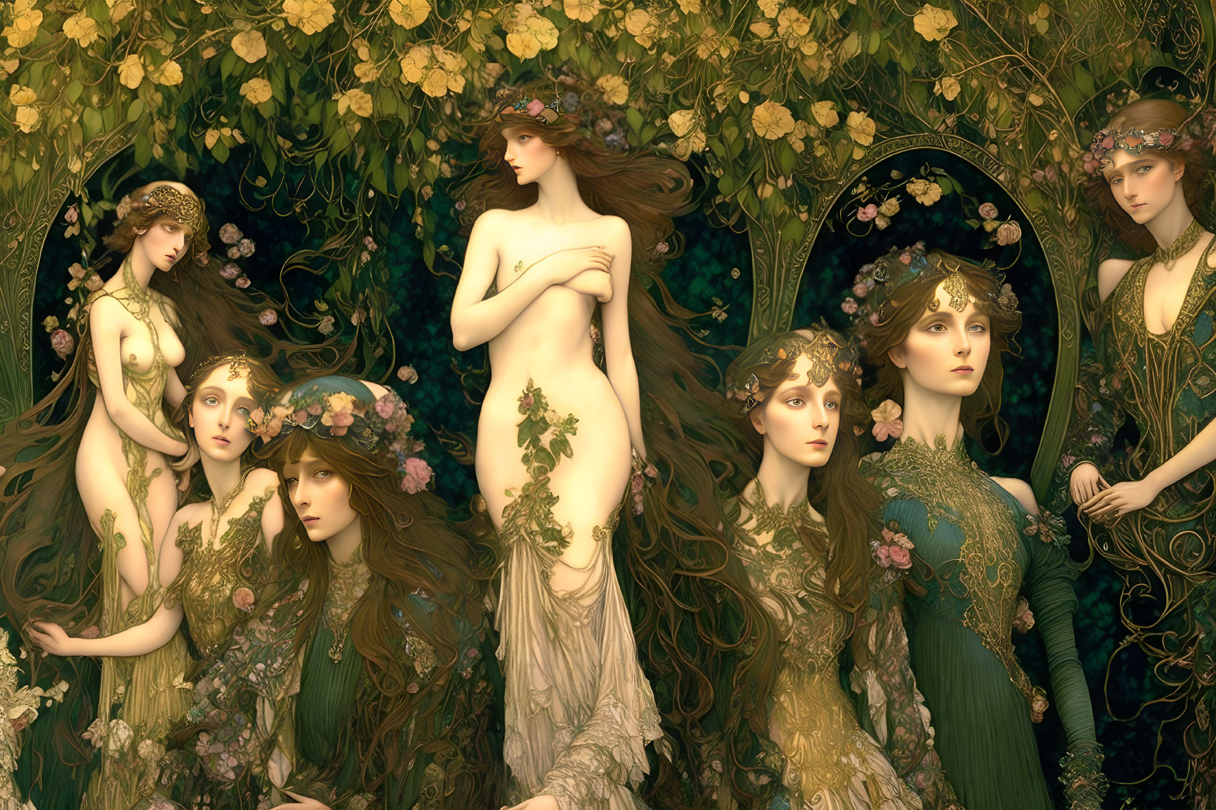 Art Nouveau-style illustration of seven ethereal women in intricate dresses amidst golden florals.