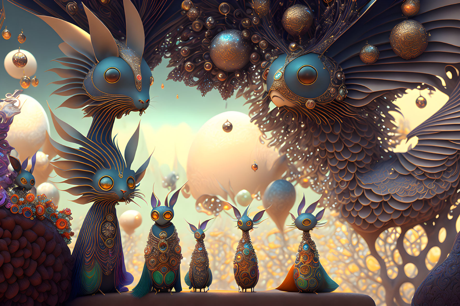 Surreal digital art: Peacock-like creatures and floating orbs in warm, otherworldly landscape