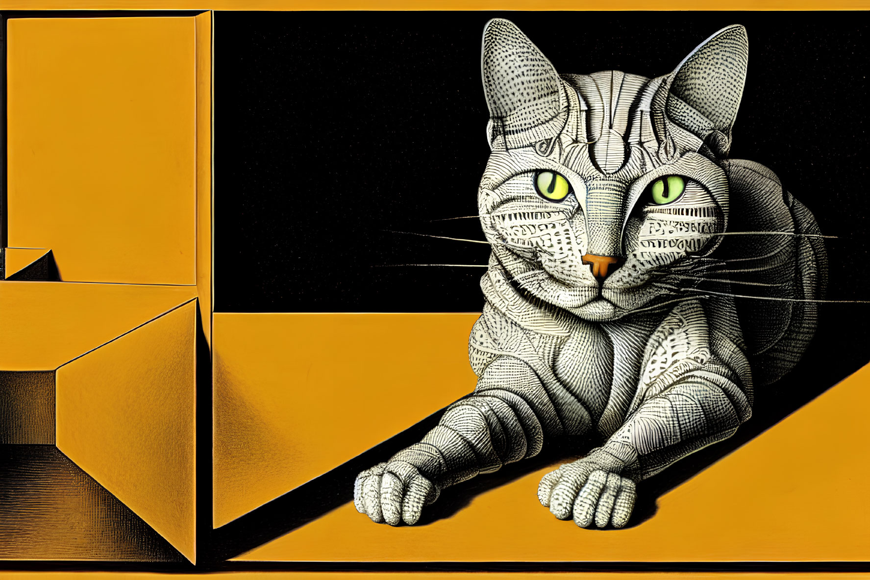 Stylized cat illustration with intricate line patterns on fur against yellow and black background