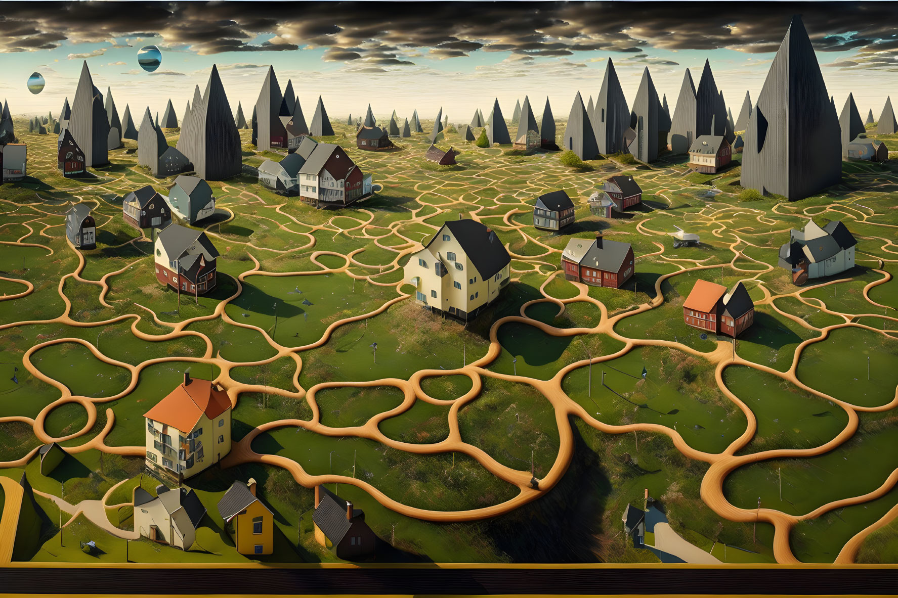 Surreal landscape with scattered houses and hot air balloons